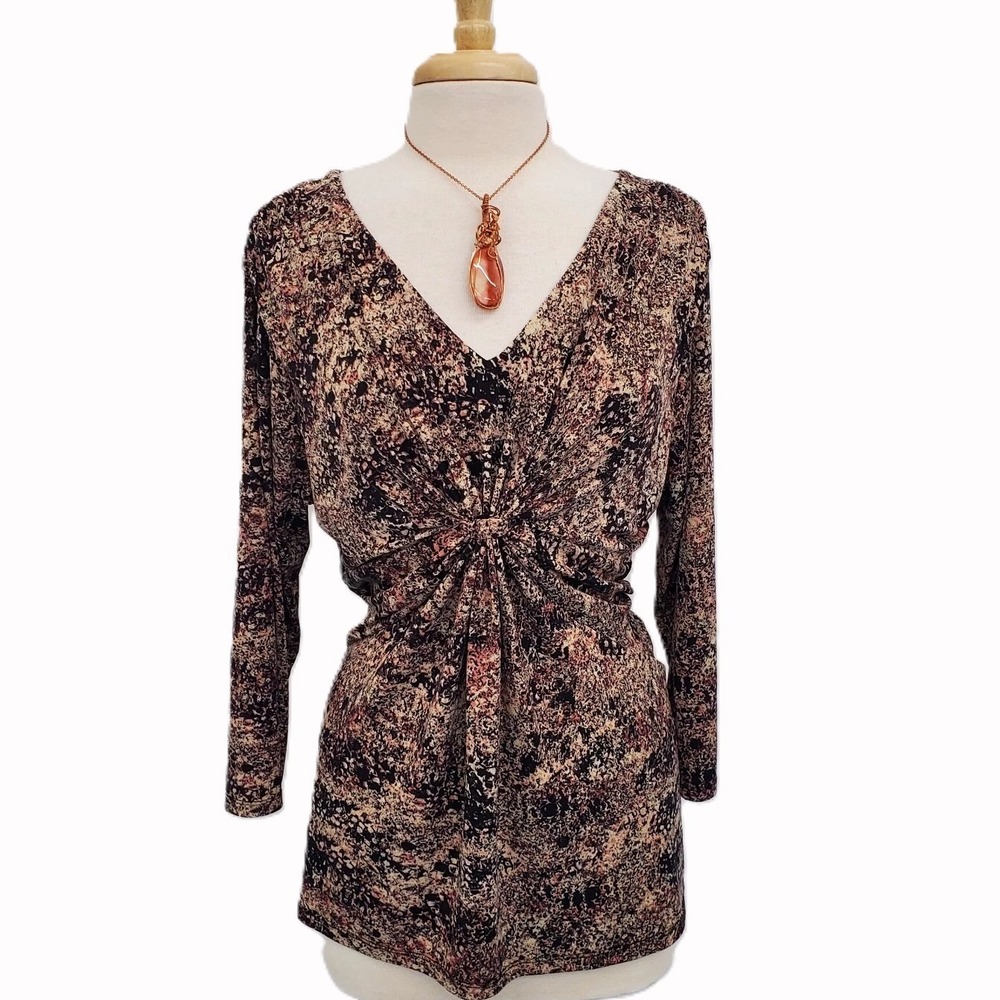 Daisy Fuentes Womens XL Abstract‎ Pink Brown V-Neck Ruched Long Sleeve Tunic